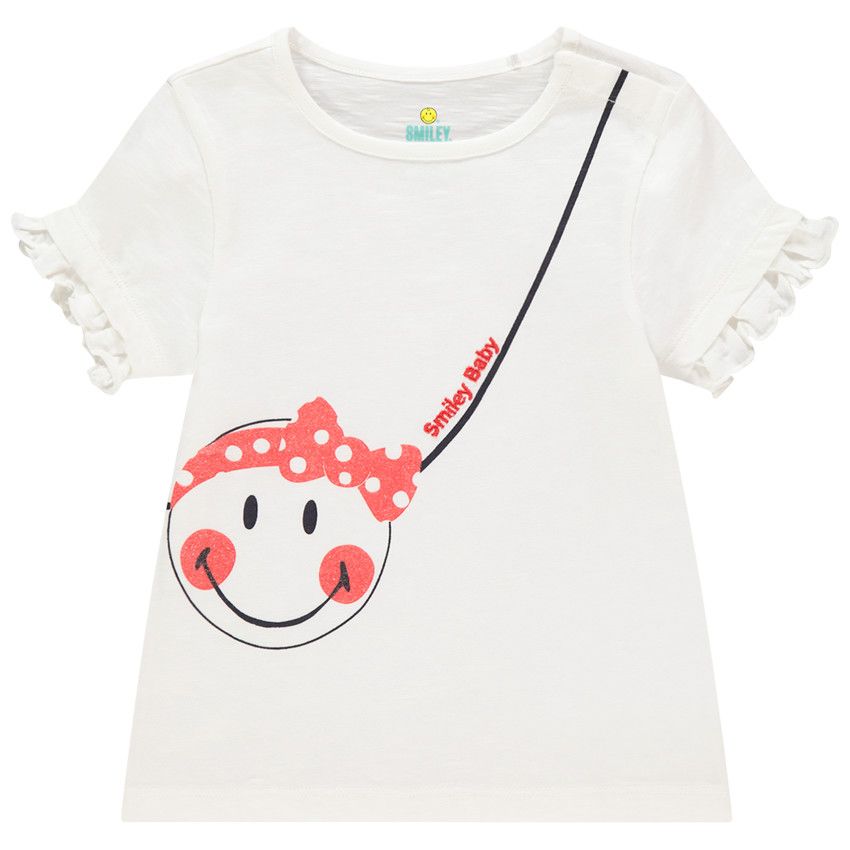 T-shirt manches courtes en coton bio motif Smiley Baby pailleté - Ecru