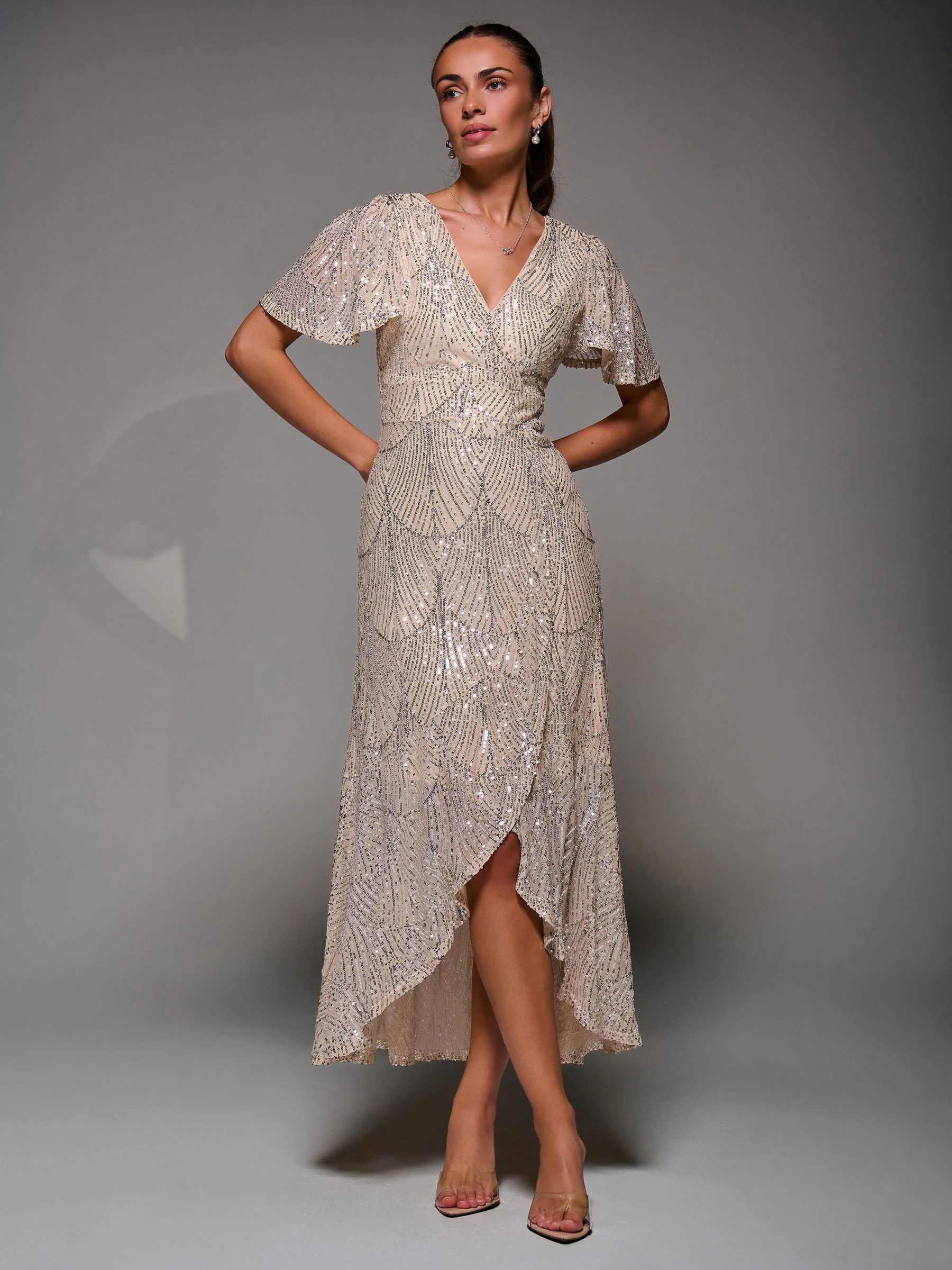 Licht beige - Jolie Moi Sequin Angel Sleeve Ruffle Hem Maxi Dress
