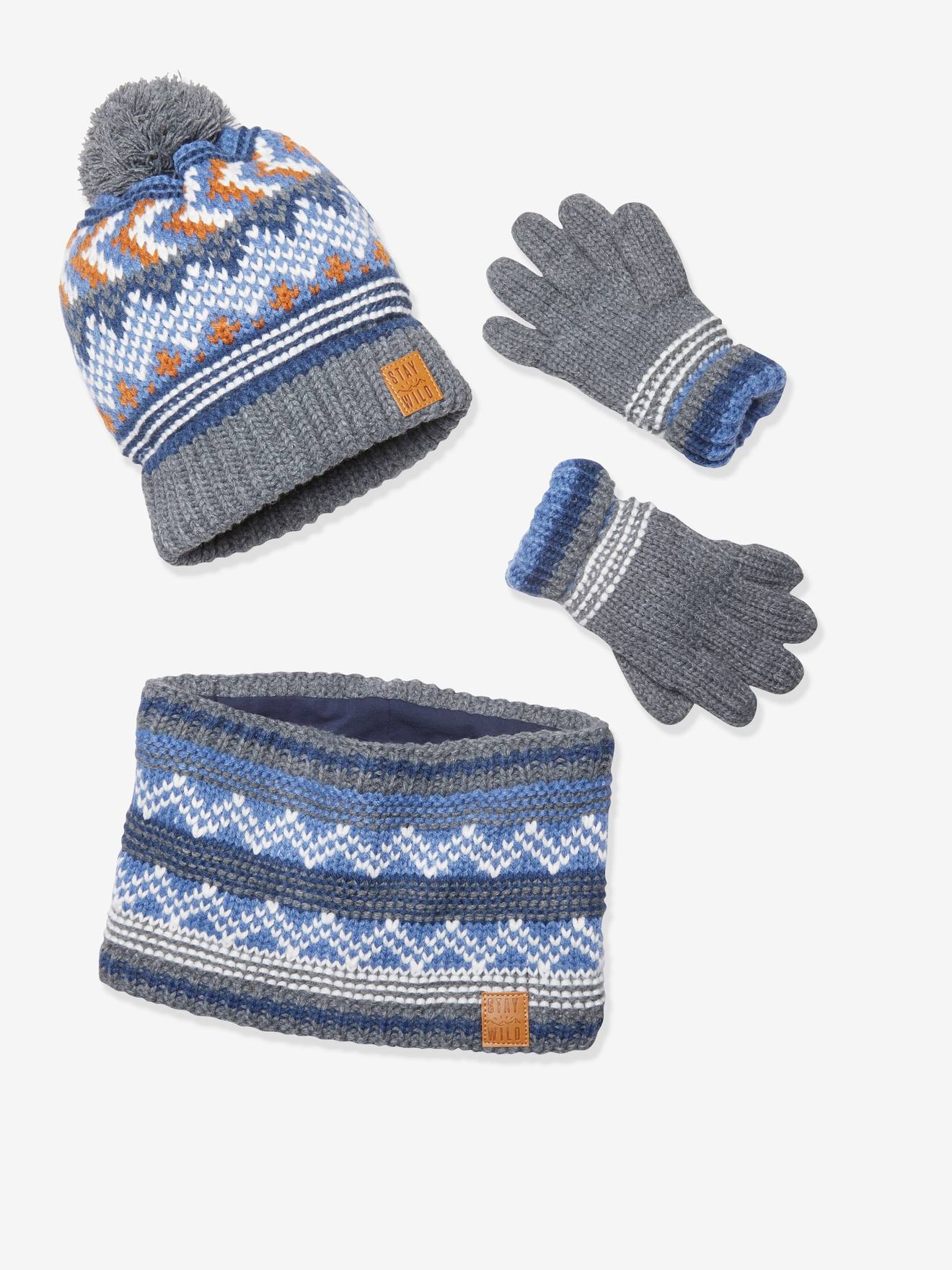 Conjunto Oeko Tex® com gorro, cachecol e luvas para meninos, tamanho médio, azul mesclado