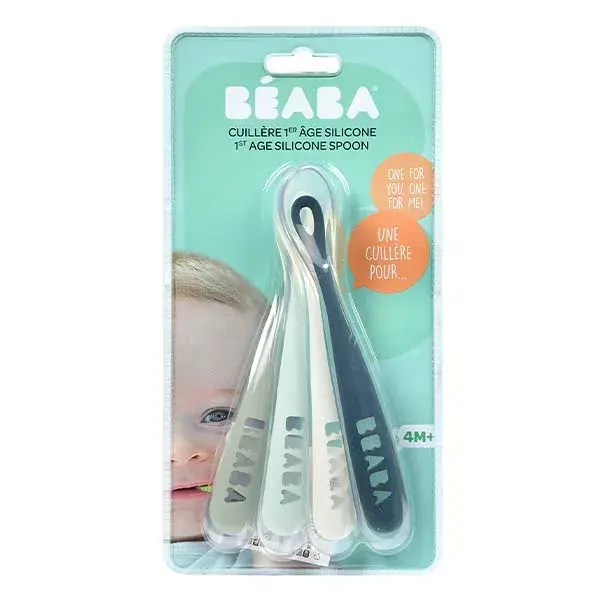 Conjunto de 4 colheres de silicone Béaba para refeições, ideal para crianças da primeira infância (arco-íris).