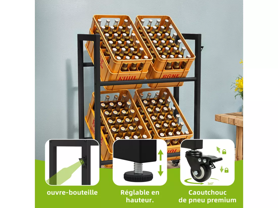 Support pour 4 caisses de Bouteilles YITAHOME - avec Roulettes - Noir - Étagère de Bouteilles - 75 x 90 x 32 cm