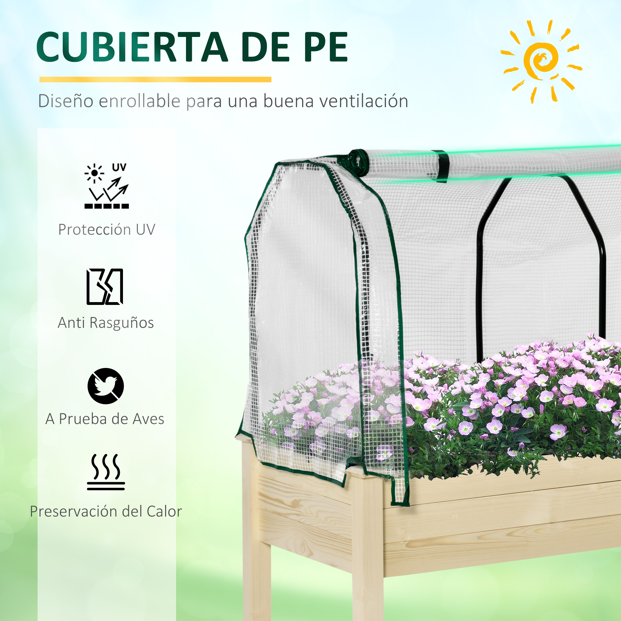 Horta urbana elevada de madeira Outsunny, 121x55x117 cm, com cobertura protetora, mesa para plantio de flores e vegetais em terraços e jardins, cor natural.