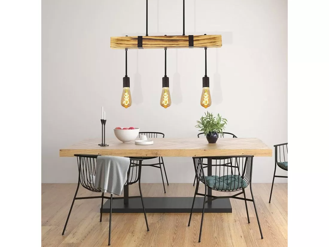NETTLIFE Suspension 3xE27 rétro Diam.61cm vintage en poutres en bois Hauteur Réglable max.25W pour salle à manger Salon