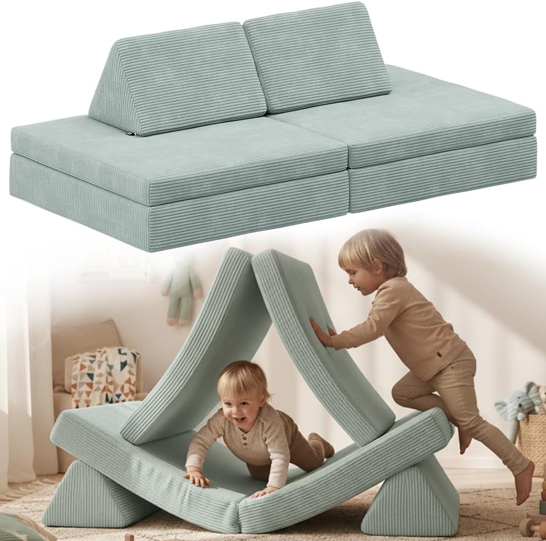 Bellabino Nile Spielsofa für Kinder – Kindersofa Cord in Türkis – Spielesofa aus Schaumstoff Bausteine – modulare Kindercouch ausklappbar – Spielcouch waschbarer Bezug – Sofa Kinderzimmer Kuschelecke