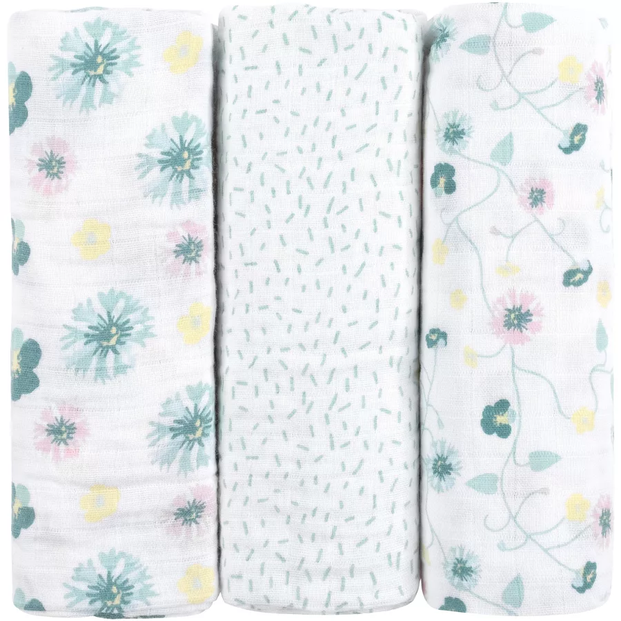 emma & noah Mullwindeln 3er Set Blumen Mint 70 x 70 cm