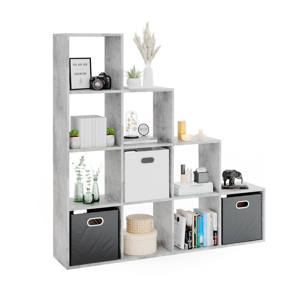 VICCO Treppenregal 10 Fächer Grau Beton - Raumteiler Stufenregal Bücherregal