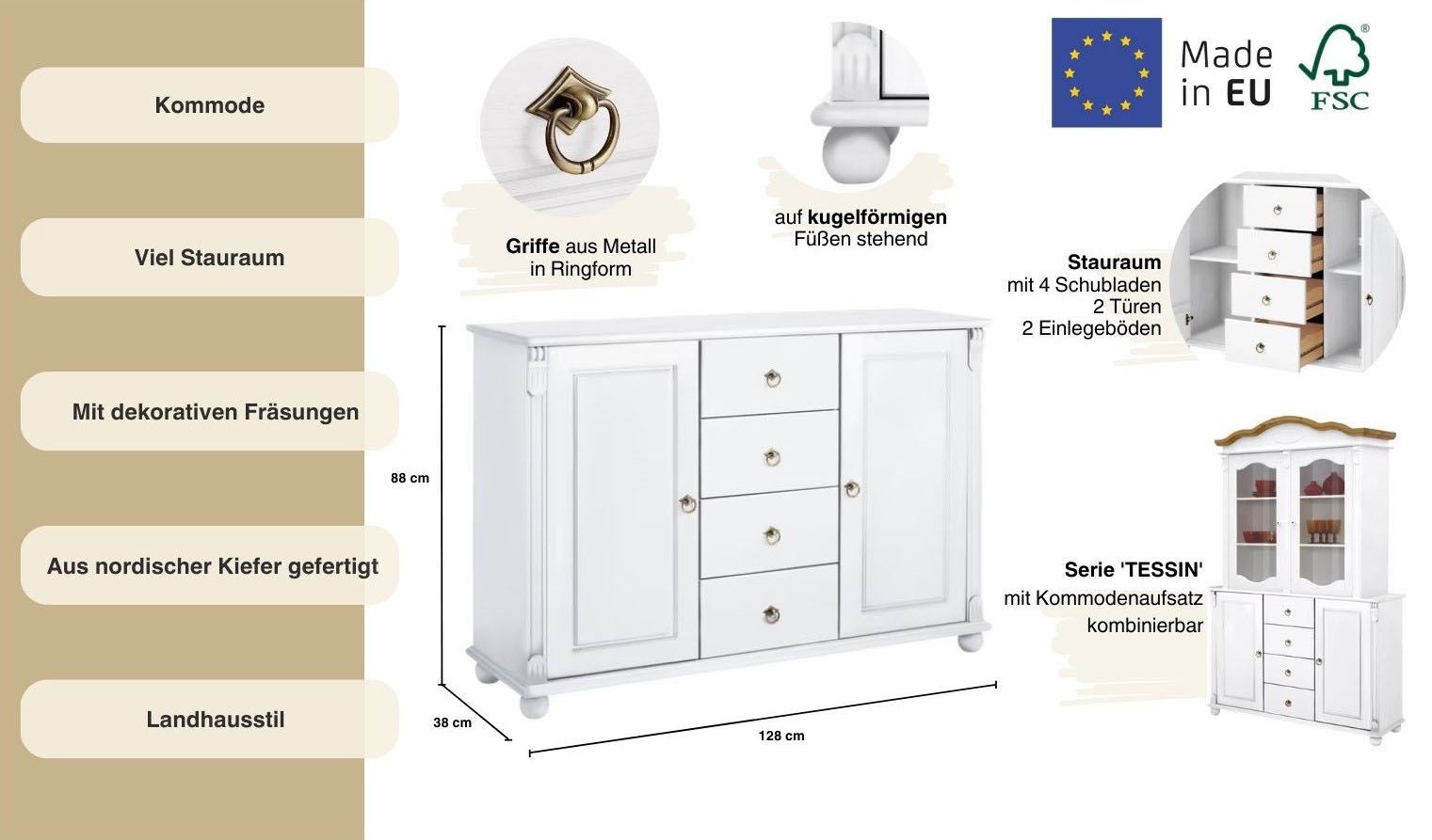 Home affaire Kombikommode »Tessin; Buffetunterschrank, klassischer Landhausstil« aus massiver, FSC®-zertifizierter Kiefer, 128cm breit