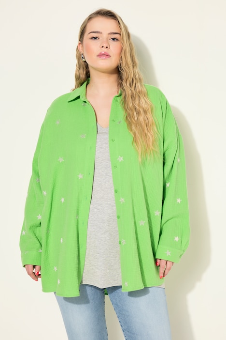 Hemdbluse, oversized, Musselin, Hemdkragen, Langarm, Stickerei