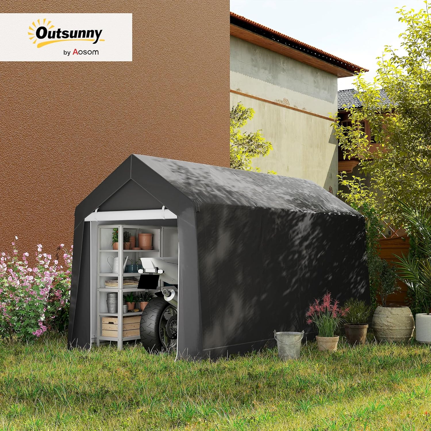 Outsunny Garagenzelt für Fahrräder, wasserdicht Zeltgarage mit Tür, Anti-Staub-Fahrradabdeckung Gerätezelt Foliengerätehaus für Außenbereich, Garten, 210 x 360 x 235 cm, Dunkelgrau