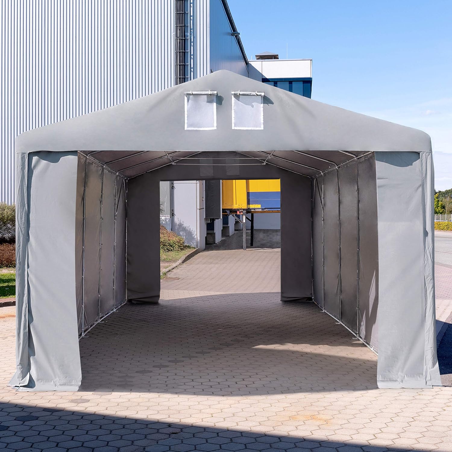TOOLPORT Lagerzelt Industriezelt 6x12 m Zelthalle mit 3m Seitenhöhe PVC Plane 850 N grau wasserdicht Ganzjahreszelt mit Reißverschlusstor