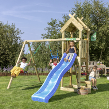 Speeltoestel Jungle Gym Totem met blauwe glijbaan en dubbele schommel van grenenhout