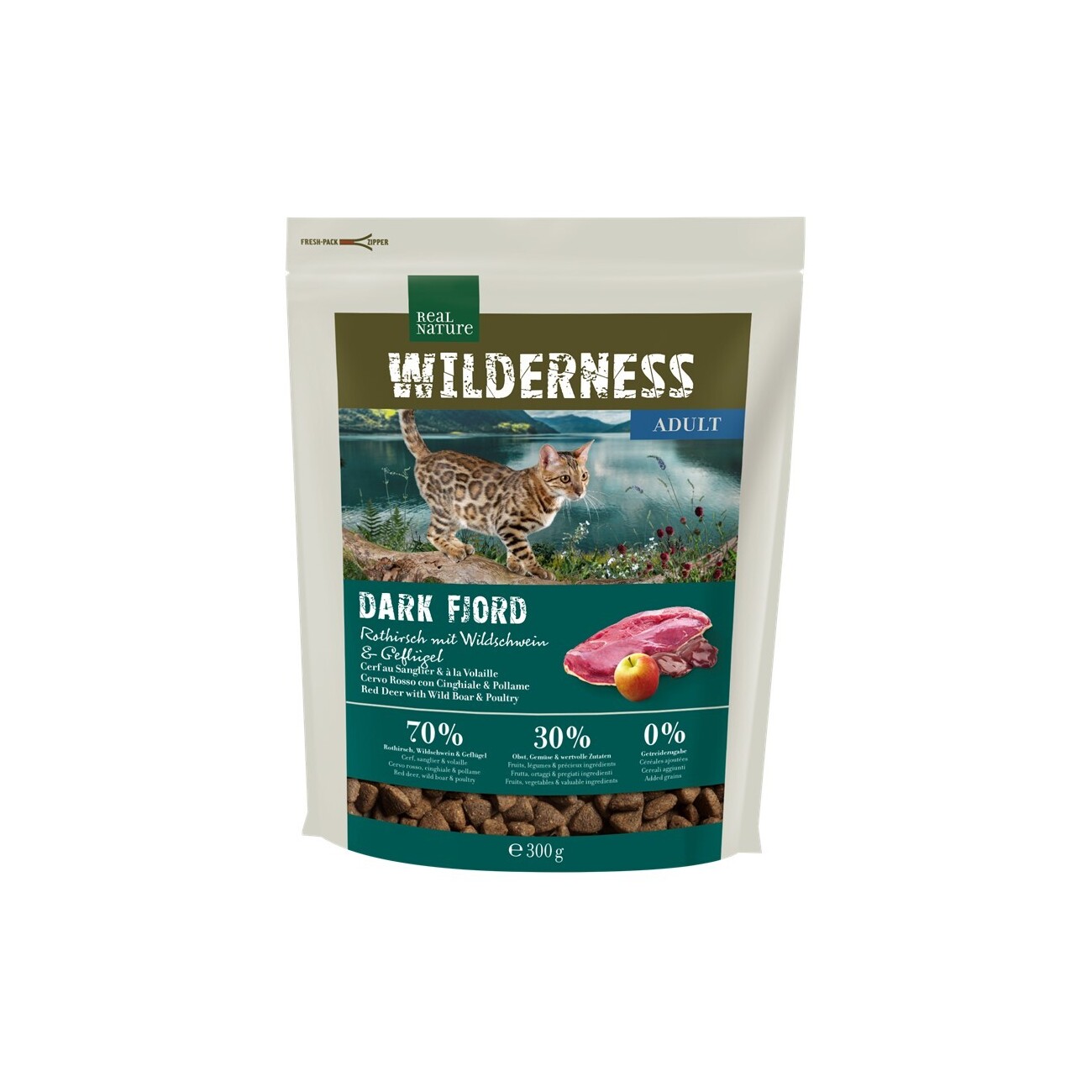 REAL NATURE WILDERNESS Trockenfutter Katze, Adult, Dark Fjord, Rothirsch, Wildschwein & Geflügel 300 g