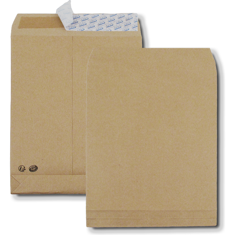 Boite de 250 sacs à soufflets kraft brun C4 229x324 120 g/m² bande de protection