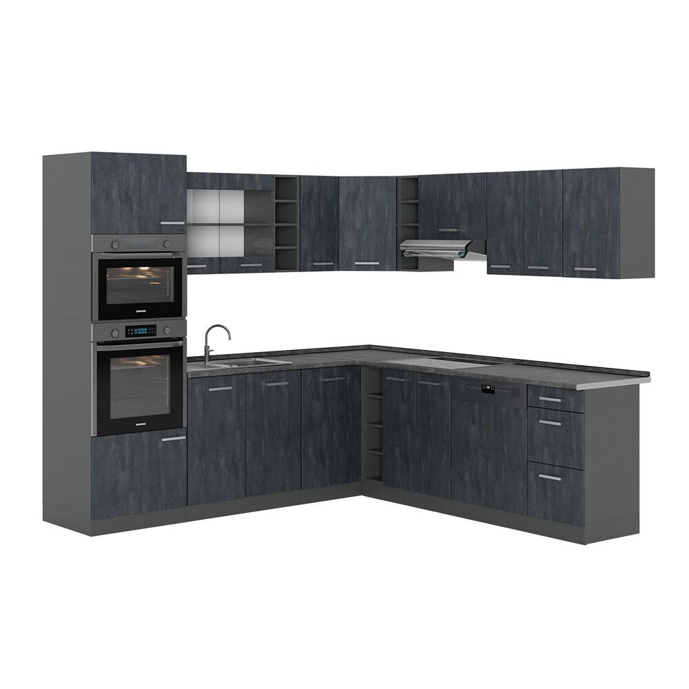Vicco Eckküche R-Line 247x237 cm Schwarz Beton Anthrazit ohne Arbeitsplatte