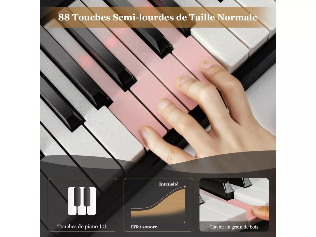 Piano Numérique Pliable à 88 Touches avec Pupitre, Clavier Electrique Portable avec Touche Lumineuse,2 Modes d'Apprentissage, MP3/USB/MIDI, 3 Ans+, Noir