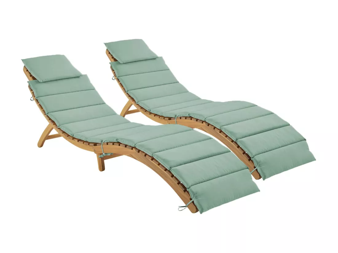 Lot de 2 bains de soleil en bois d'acacia LAURE avec coussin vert de gris en polyester. 184 x 55 x 63.5 cm