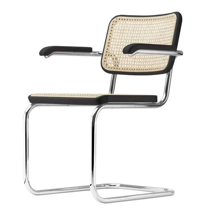 Thonet - S 64 V Armlehnstuhl, Chrom / Buche schwarz gebeizt (TP 29) / Rohrgeflecht mit Kunststoffstützgewebe