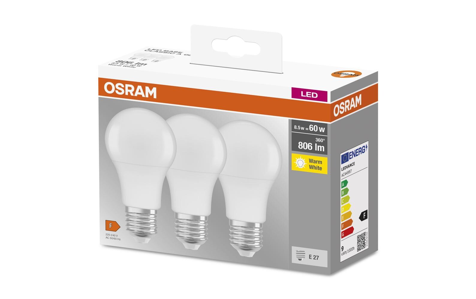 Lampe LED BASE CLASSIC A 8.5W, E27, Warmweiss, 3 StückLED-Lampen, klassische Kolbenform