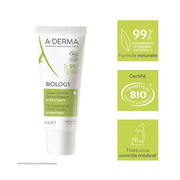 Creme Hidratante Dermatológico Orgânico Leve A-Derma Biology 40ml