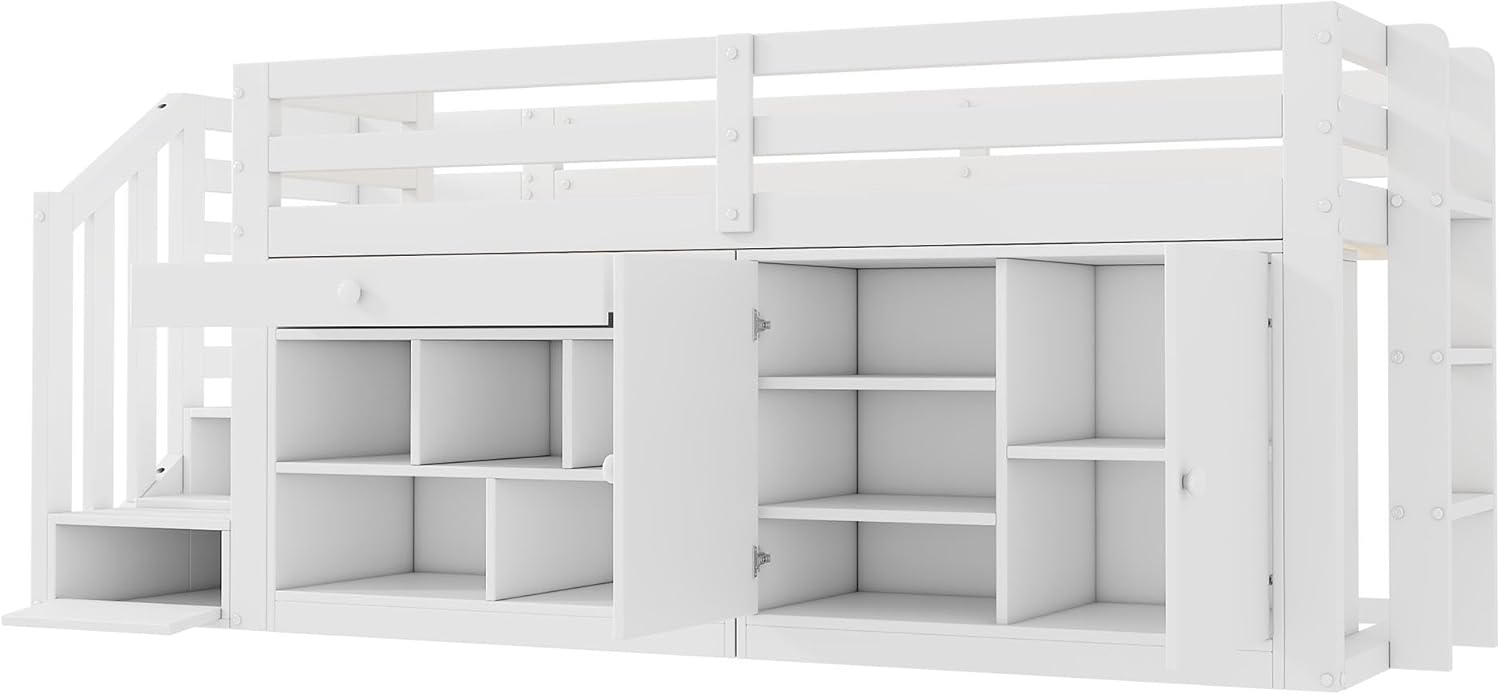 Kinderbett 90x200 Einzelbett, Hochbett mit Stauschrank, Schreibtisch und Treppe, Regal & Schubladen & Schließfach, Holzbett Stauraumbett Funktionsbett Jugendhochbett mit Lattenrost,Ohne Matratze,Weiß