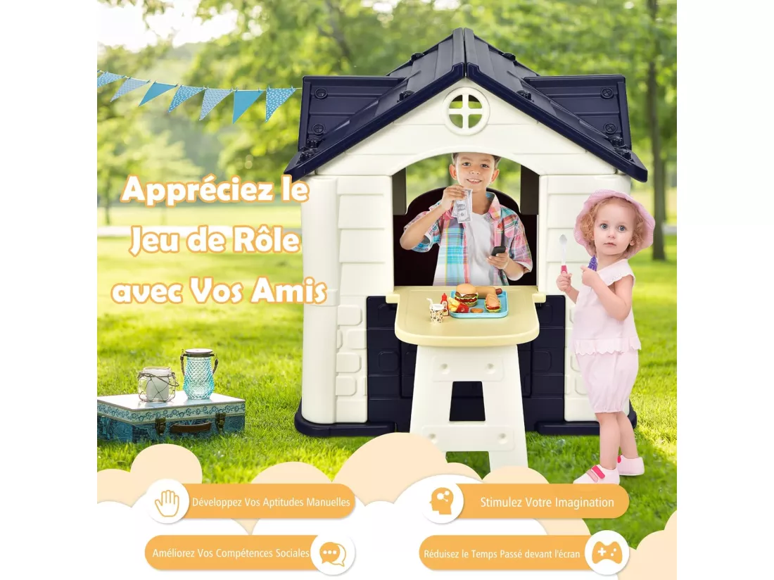 Cabane de Jardin pour Enfant - Table de Pique Nique, Maison Enfant Exterieur -Thème Burger Bar - en Plastique 164x124x132 cm Bleu