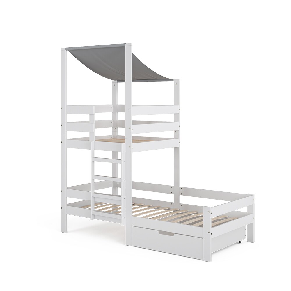 VitaliSpa Spielturmbett Kinderbett Spielbett Tom Weiß modern 204x218 cm Massivholz Kinderzimmer Lattenrost Bettleiter Bett Schublade Abenteuerbett Kletterbett