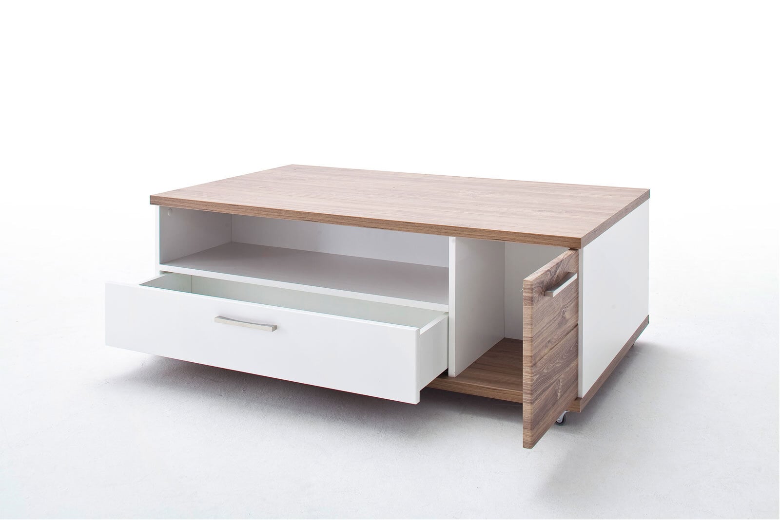 Couchtisch 115 x 70 cm NB weiß /Hochglanz weiß mit Sterling Oak