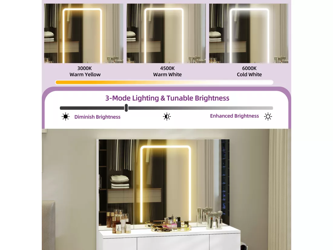 YITAHOME Coiffeuse avec Miroir et Tabouret - Table de Maquillage avec Éclairage LED - Table Cosmétique avec 3 Tiroirs - Blanc