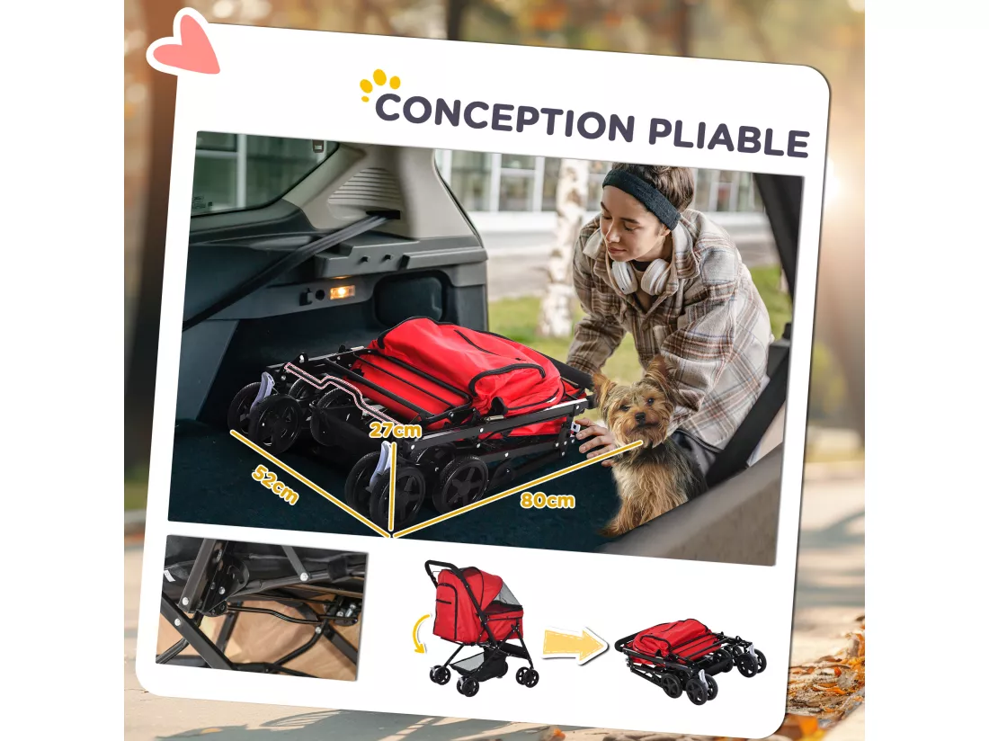 Poussette buggy pliable chien chat panier et sac de rangement attaches sécurité housse réglable poignée réglable acier Oxford rouge