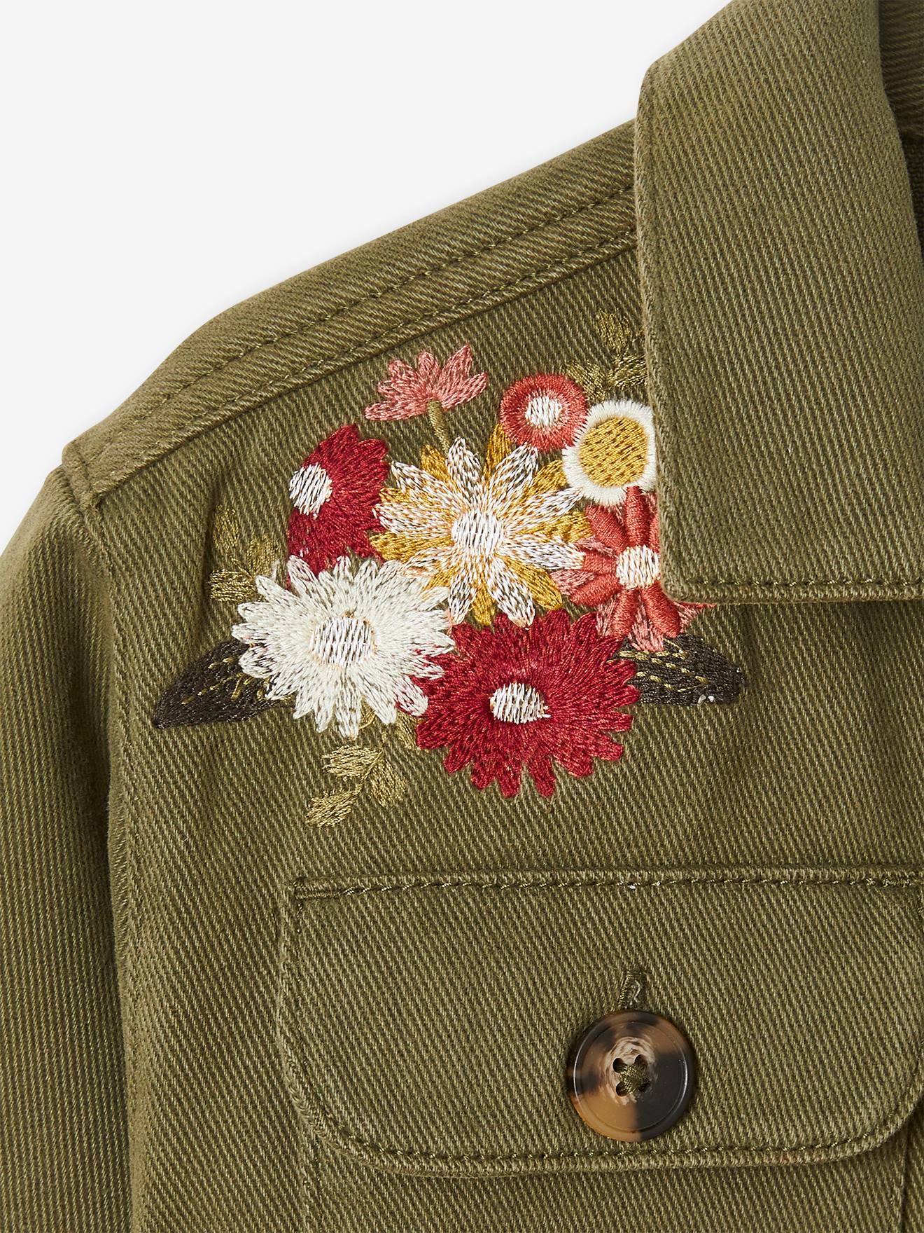 Jaqueta militar bordada com flores, jaqueta lisa verde-escura para menina com estampas.