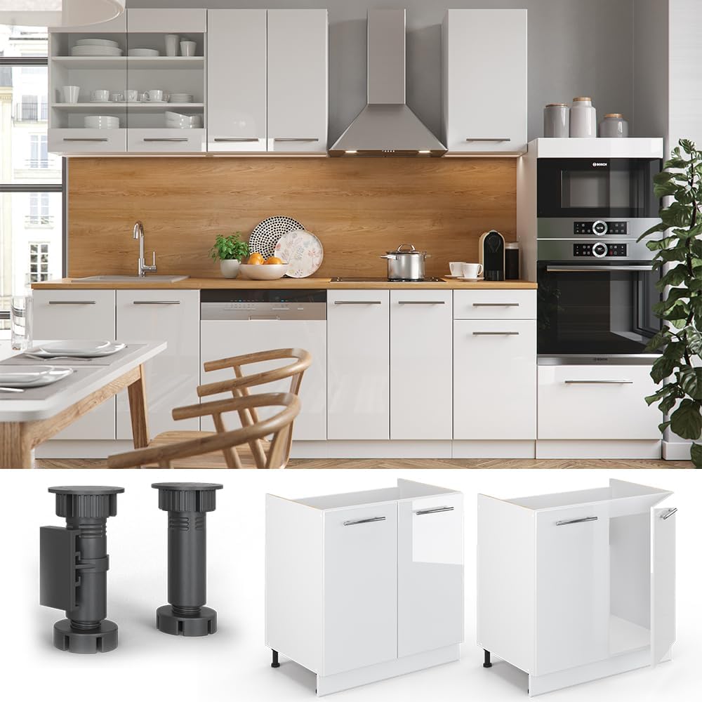 Vicco Spülenunterschrank Fame-Line, Weiß Hochglanz/Weiß, 80 cm ohne Arbeitsplatte