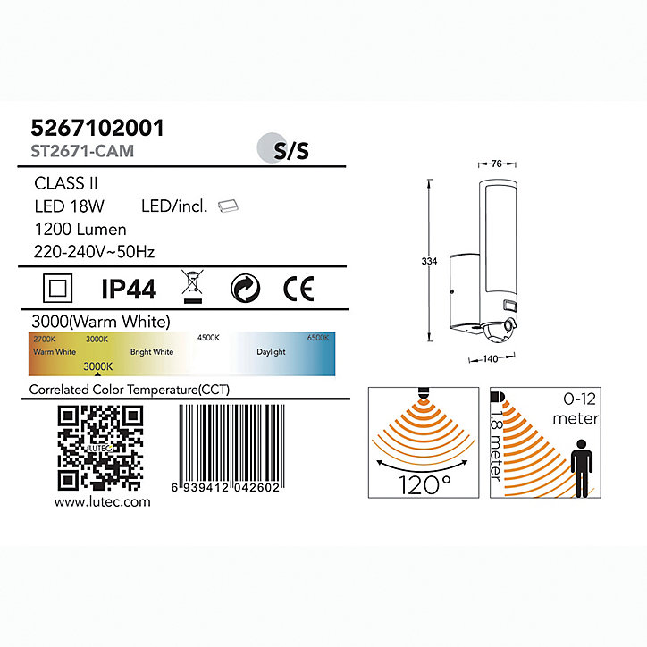 Applique extérieure LED Windsor chrome caméra intégrée IP44