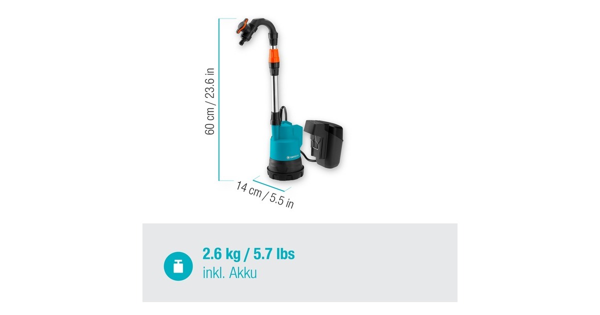 GARDENAAccu regentonpomp 2000/2 18V P4A set dompel- en drukpompen  (Turquoise/grijs, 14602-20, Accu inbegrepen)