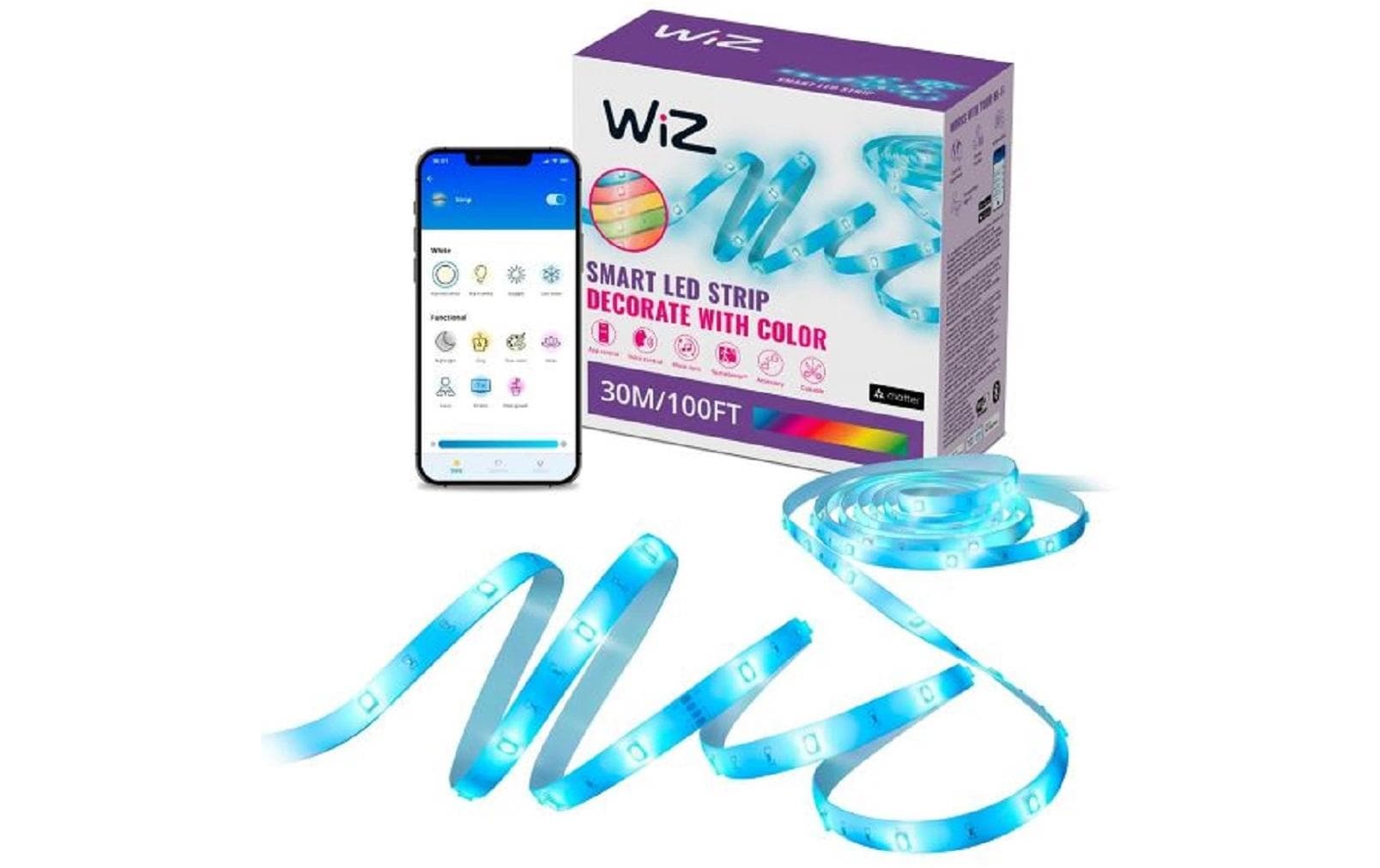 LED Stripe RGB 30 mRGB LED-Lichtstreifen mit anpassbaren Farben, Weisstönen und voreingestellten Lichtmodi, steuerbar per App oder Sprache
