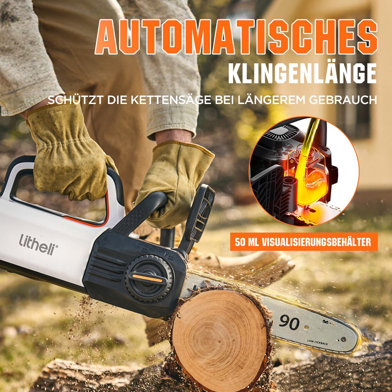 Litheli Akku Kettensäge 30 cm, Bürstenloser Motor, Automatische Kettenschmierung, Inklusive 2×10.000 mAh Akkus, Ideale Motorsäge für Holzarbeiten, Gartenpflege und Baumschnitt