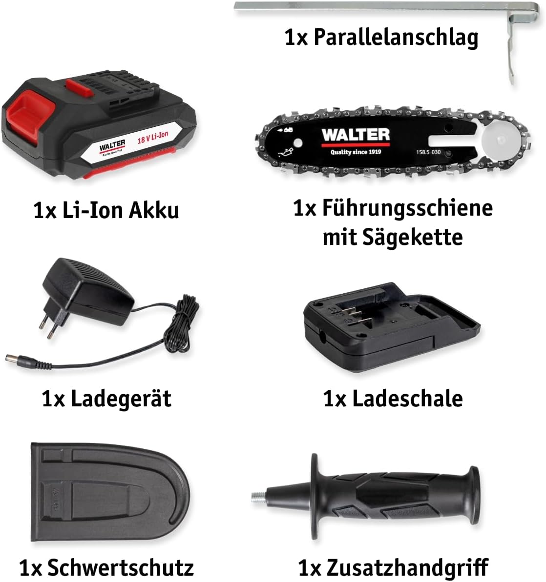WALTER Akku-Kettensäge & Stichsäge 2-in-1 20V Li-Ion Bürstenloser Motor, schwenkbarer Kopf, 120 mm Schnittleistung Rückschlagschutz & Soft-Grip Für Holz Äste Baumzuschnitt | Akku & Schnellladegerät