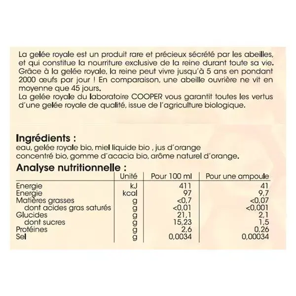 Geleia Real Orgânica Cooper 1500mg 20 ampolas