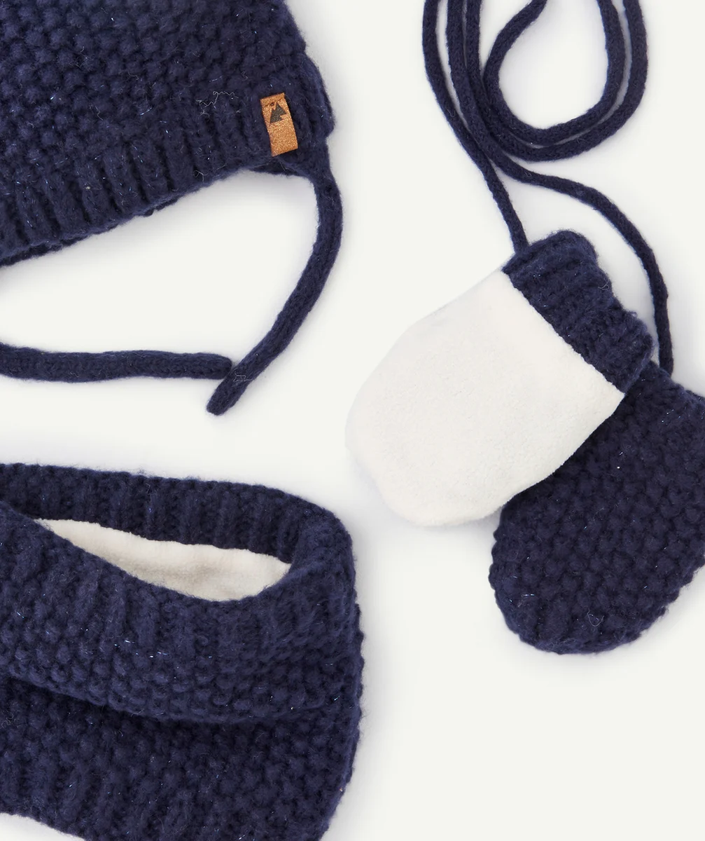 SET BLEU MARINE TRICOT BÉBÉ FILLE AVEC POMPONS EN FIBRES RECYCLÉES