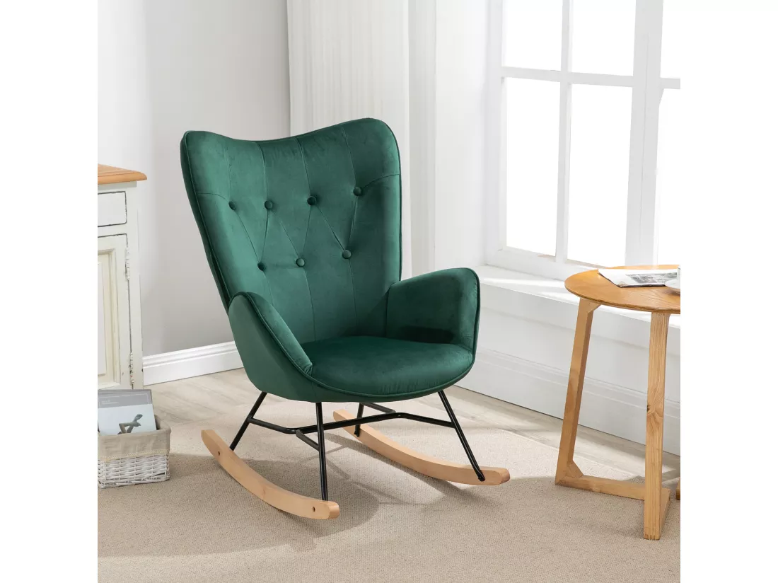 MEUBLES COSY Fauteuil à Bascule Allaitement Rocking Chair Scandinave Chaise Loisir Revêtement en Velours avec Pieds en Bois Massif pour Salon, Chambre, Le Balcon, Vert