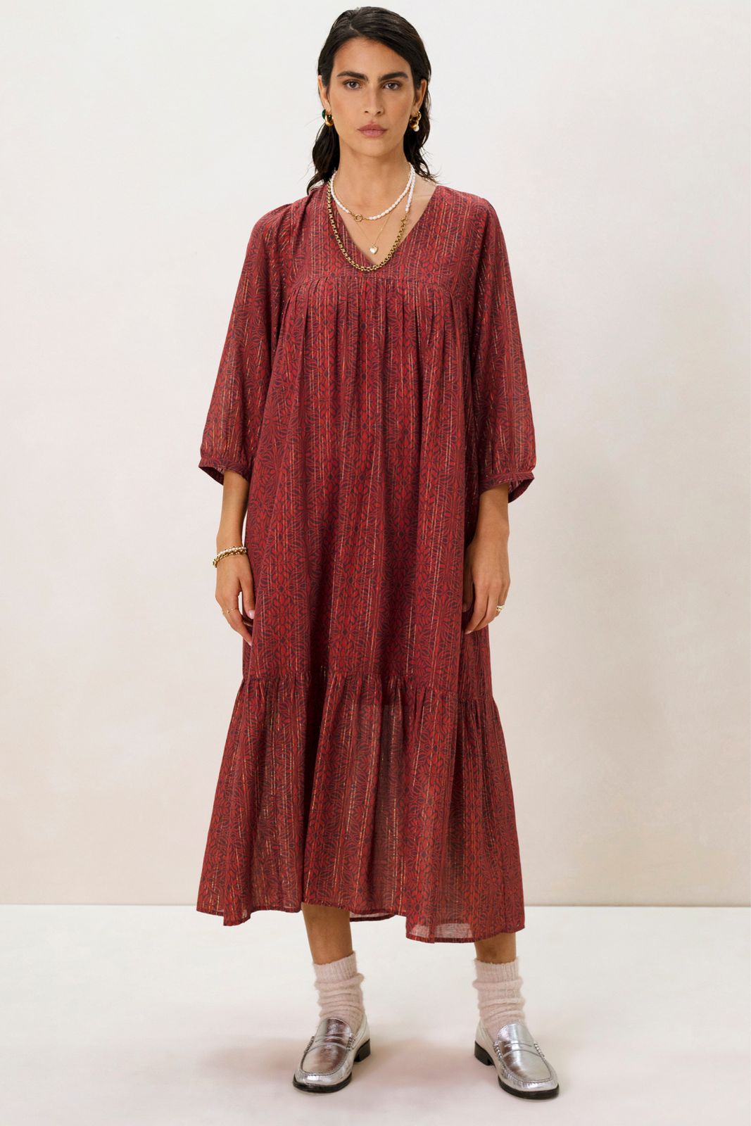 Rode maxi jurk met V-hals