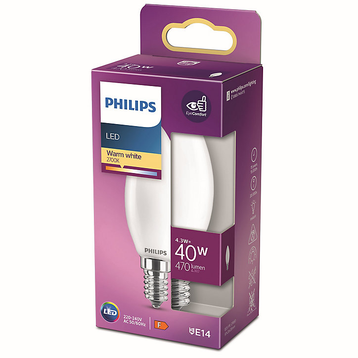 Ampoule LED E14 (SES) flamme dépolie 470lm 4.3W = 40W IP20 blanc chaud Philips
