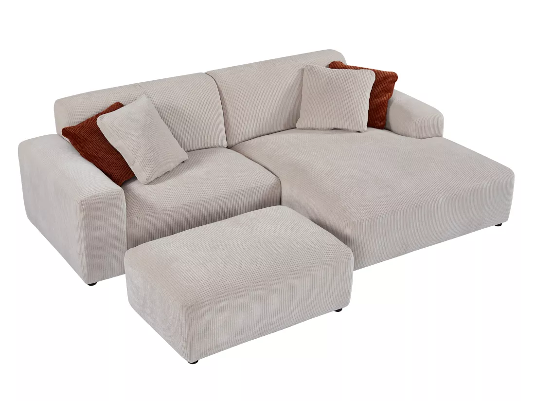 Canapé d'angle droit et pouf en velours côtelé beige TIRONO de Maison Céphy