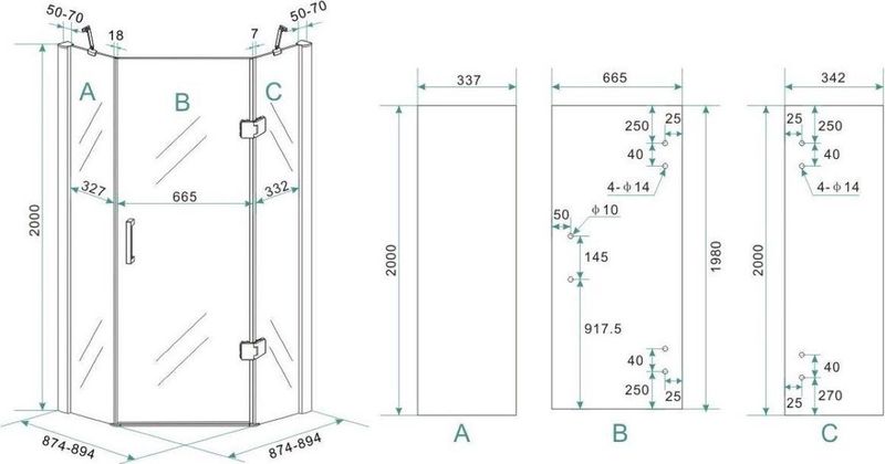 BWS - 5 Hoek Douchecabine - 90x90 cm - 8 mm Nano Glas