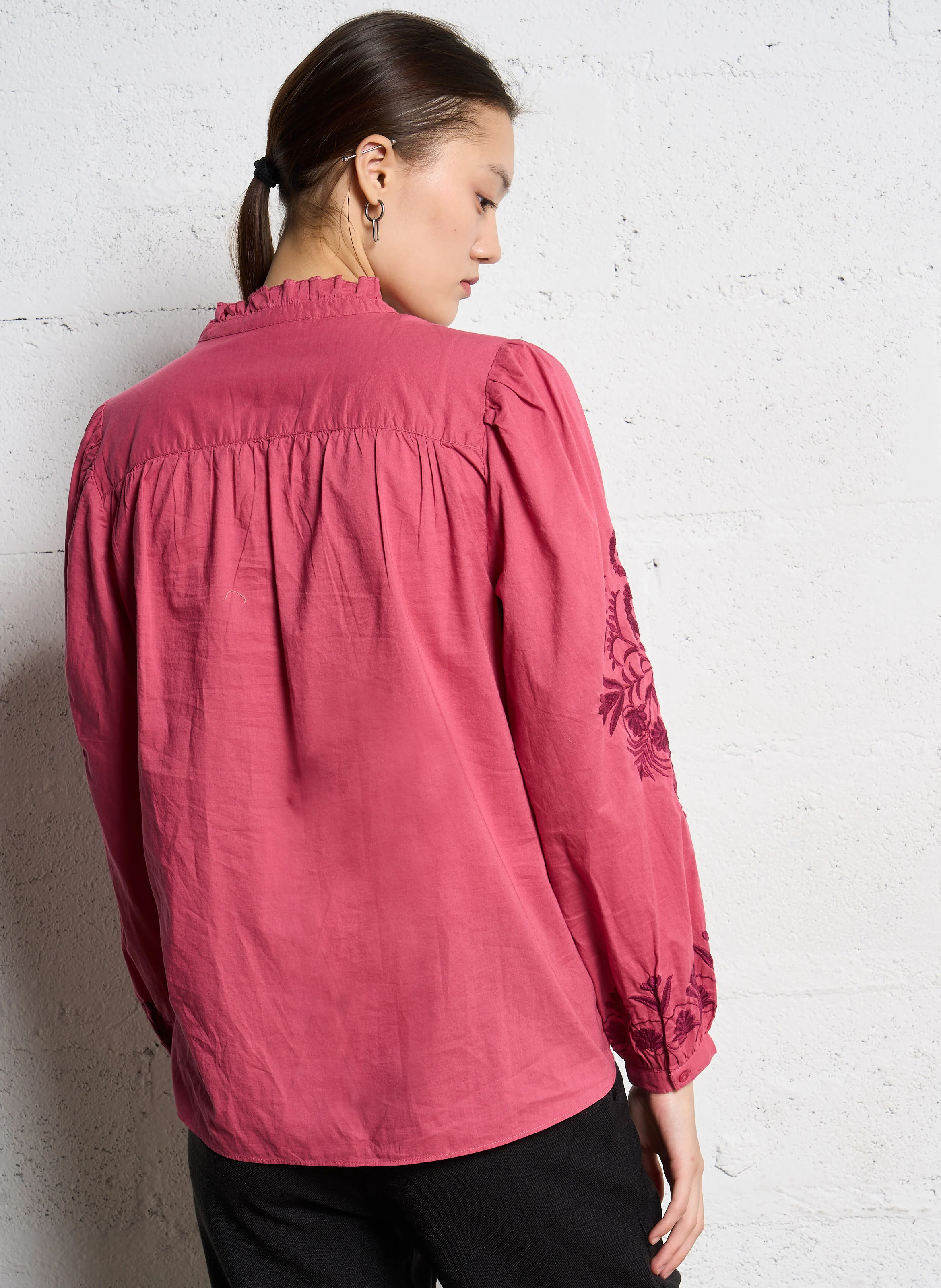 TEFITIS - Blouse col V ample en coton brodé | Rose