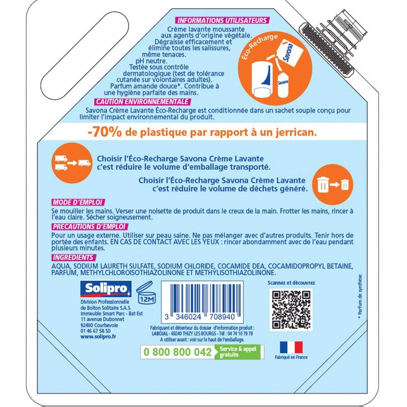 Crème lavante Solipro Savona - écorecharge de 3 L