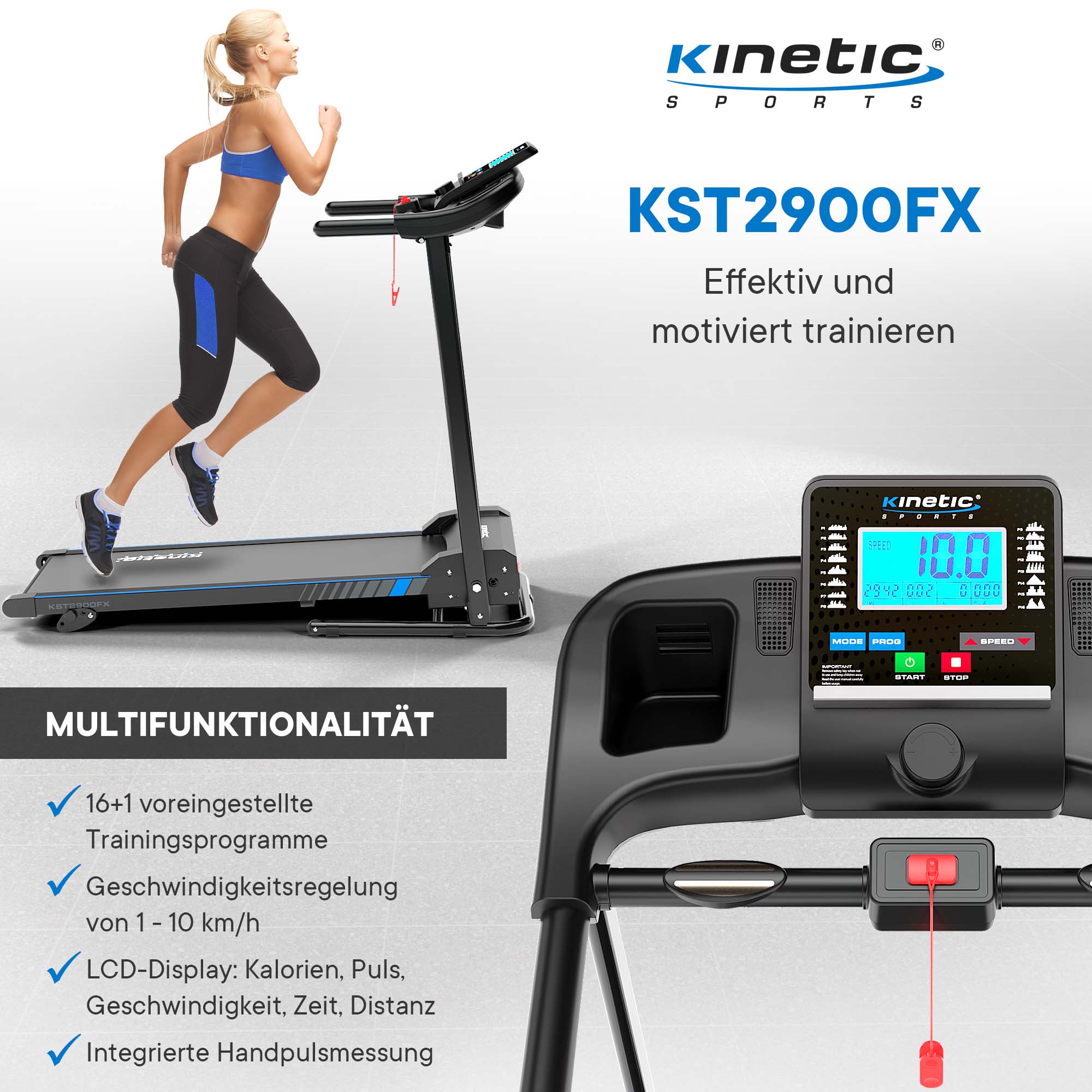 KINETIC SPORTS Laufband klappbar KST2900FX - 750 Watt leiser Elektromotor, Extra breite 40 cm Lauffläche, 16+1 Programme, Manuelle Steigung, Geh- und Lauftraining, LCD Display, 10 km/h, bis 120 kg | Standard
