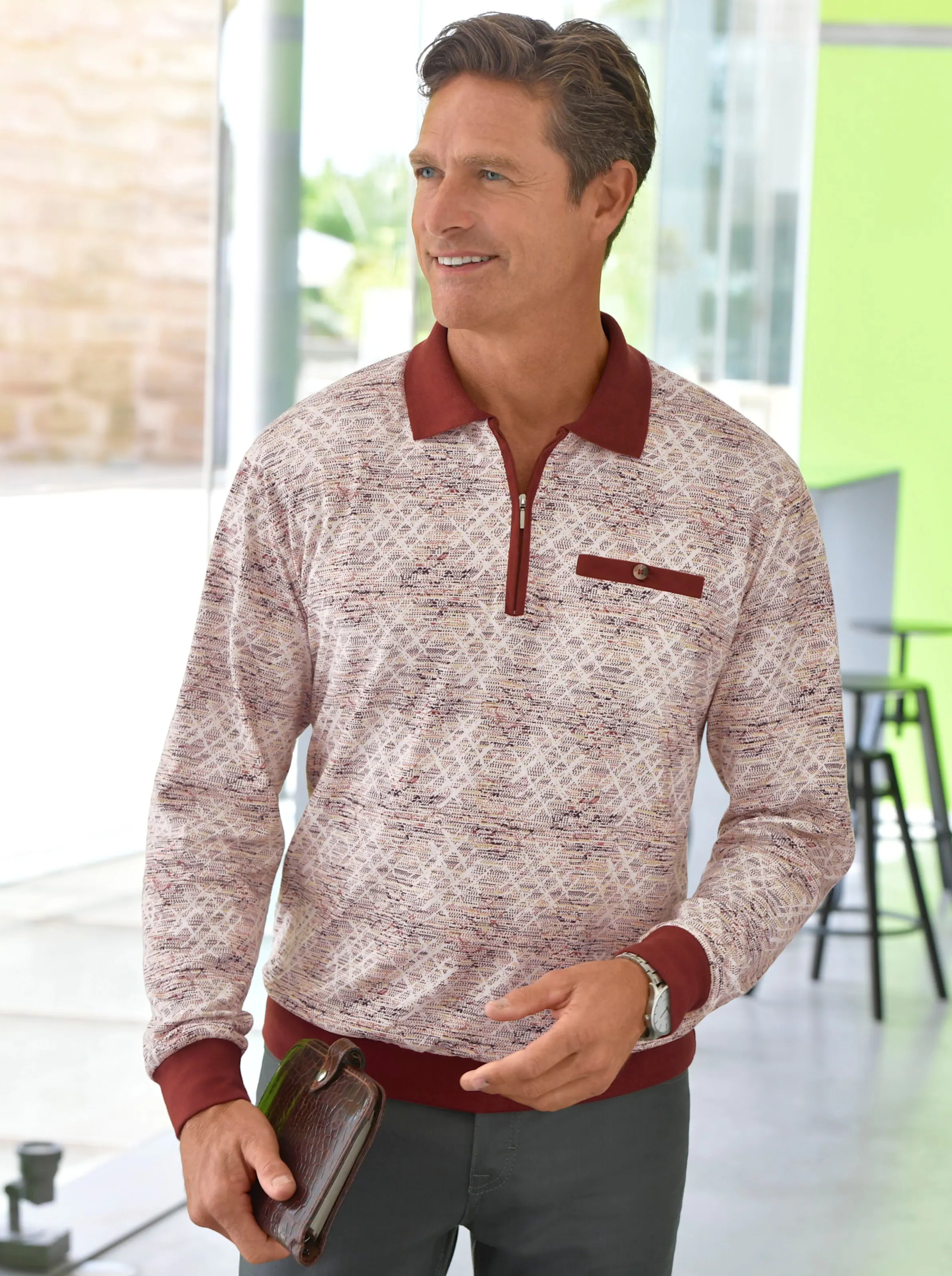 Marco Donati Langarm-Poloshirt in terra-bedruckt