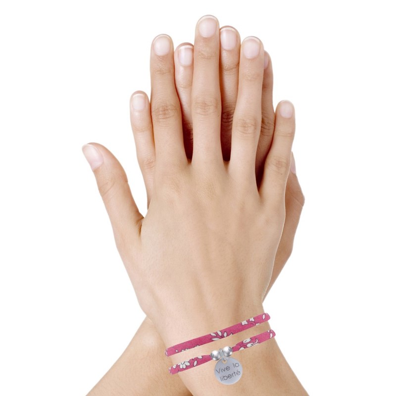 Bracelet Double Tour Lien Liberty et Médaille Vive la Liberté Argent - Fuchsia