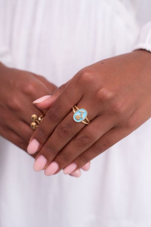 Art blauwe statement ring met bloem