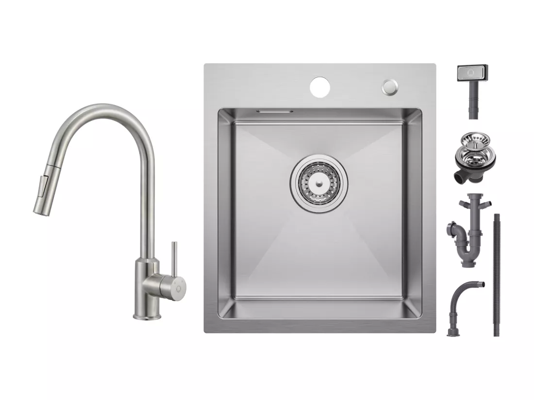 Cecipa max Évier 1 Bac 40 × 45 cm Évier Inox Brossé 1 Cuve + Mitigeur de Cuisine avec Douchette Extractible Robinet avec 2 Modes de Sortie D'eau